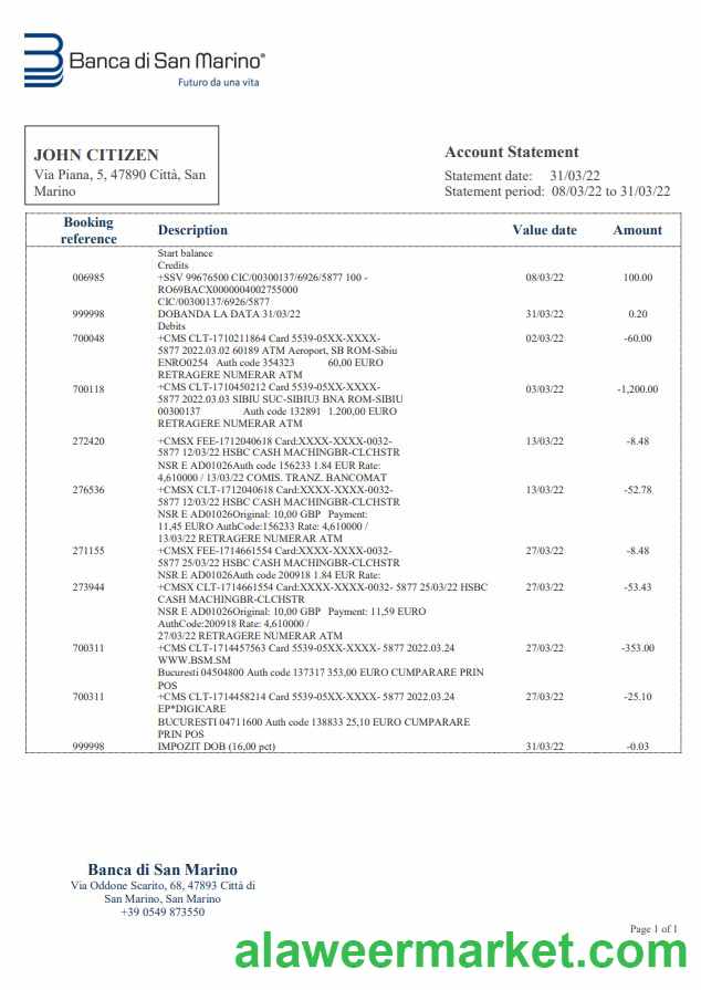 San Marino Banca di San Marino bank statement